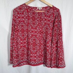 Max Studio Floral Print Long Sleeve Blouse Red White Flowy Peasant Top W-XS
